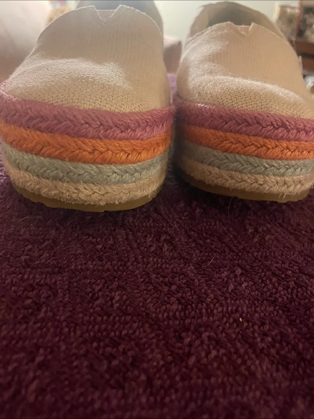 TOMS Cream Canvas Espadrille Platform Slip-Ons with Pink and Orange Trim